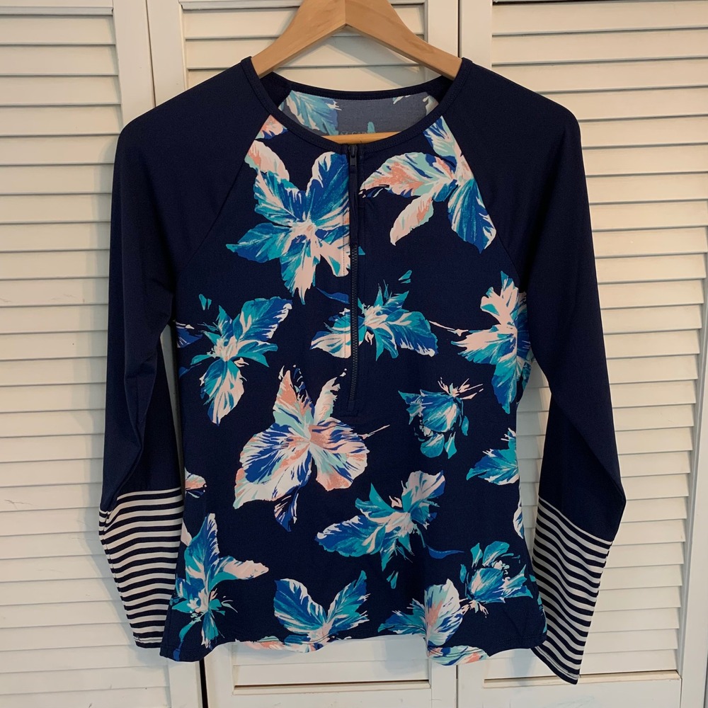 Carve Designs Kona Rashguard Navy Floral Long Sleeve Swim Shirt 1/2 Zip Womens M